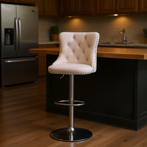 Tabouret de bar moderne rembourré avec base chromée, hauteur réglable de 25 à 33 pouces, pivotant avec dossier pour bar à domicile - Product Image 2