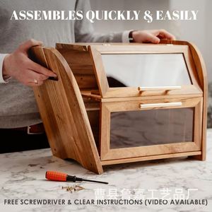 Solid Wood Double Layer Bread <b>Box</b> With <b>Glass</b> Door And Handle For Kitchen Countertop Storage - Product Image 3