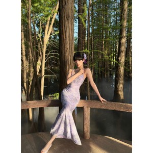 V Neck Backless <b>Purple</b> Bodycon Fishtail <b>Cocktail</b> <b>Dress</b> Solid Color Polyester Long <b>Dress</b> Natural Waistline - Product Image 4