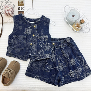 Nuevo Conjunto Vaquero <span class=keywords><strong>para</strong></span> <span class=keywords><strong>Niñas</strong></span> - Falda Vaquera con Estampado Retro Coreano, Chaleco sin Mangas y Pantalones Cortos, Conjunto Ligero de Dos Piezas - Product Image 1