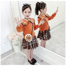Wholesale New Spring Girl's Autumn Embroidered Peter Pan Collar Kid Shirt Tartan Skirt Two Pieces Suit - Product Image 2