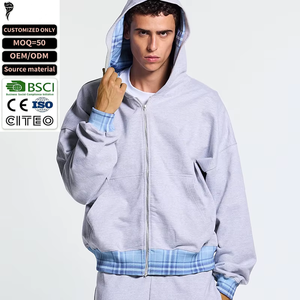 Heavyweight Men Streetwear Oversized Plaid Soft Wash Boxy Fit Hoody Custom Logo Zip Hoodie for Men - Product Image 1
