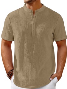 Camicia Casual da Uomo a Maniche Corte Henley a Righe in Poliestere Stile Retrò Senza Stiratura, Novità 2025 per il Commercio Transfrontaliero su Wish - Product Image 4