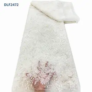 Tissu de broderie perlé lourd 100% tissu de dentelle de polyester avec dentelle de perles de paillettes pour robe de mariée robe de soirée