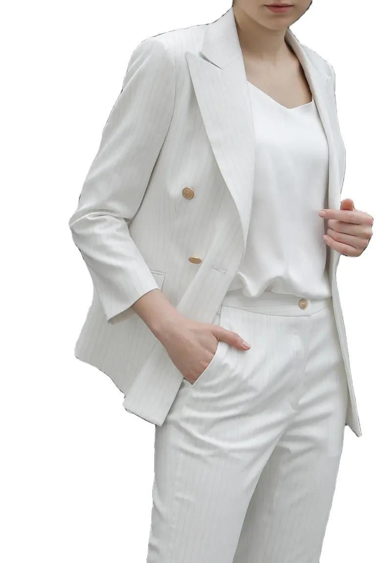 Blazer Slim Fit wanita, pakaian Formal kantor perempuan setelan disesuaikan mode Double Breasted