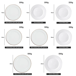 Plats de présentation ronds en porcelaine fine de haute qualité, blancs et dorés, avec bordure dorée, personnalisables pour restaurant - Product Image 6