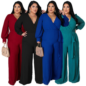 Tuta Elegante da <span class=keywords><strong>Donna</strong></span> <span class=keywords><strong>Taglie</strong></span> <span class=keywords><strong>Forti</strong></span> in Stile Europeo-Americano, in Poliestere e Spandex, a Vita Alta, Lunghezza Intera, Vestibilità Ampia - Product Image 2