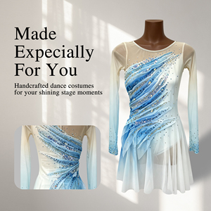 Custom <b>Ombre</b> <b>Blue</b> Figure/Ice Skating Performance <b>Dress</b> Rhinestone Long Sleeve Lyrical Dance Costume for Girls Children - Product Image 1