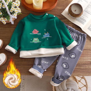 Ensemble de sous-vêtements thermiques pour enfants, doublé de velours, garçons et filles, vêtements chauds pour bébé, automne, hiver, dinosaure, vêtement teint en pièce, imprimé - Product Image 1