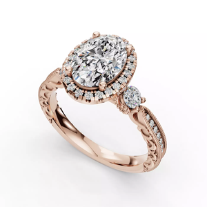 แหวนหมั้นเพชรทรงรี 14K โรสโกลด์ เพชรเลี้ยงในห้องปฏิบัติการ พร้อมลายฉลุประณีตและเพชรรอบวงหรูหราสำหรับผู้หญิง - Product Image 3
