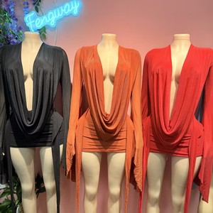Vestido Mini Bodycon de Cuello Drapeado y Cintura Natural, Tejido Transparente, Manga Larga, Sin Espalda, para Uso Diario, Tendencia 2025 para <span class=keywords><strong>Mujer</strong></span> - Product Image 4