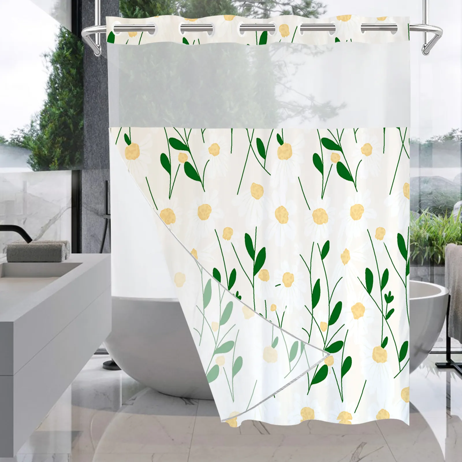 Forro de cortina de ducha sin gancho Floral de diseñador, 71x74 pulgadas, impermeable, sin ganchos, cortina de ducha de tela con forro a presión