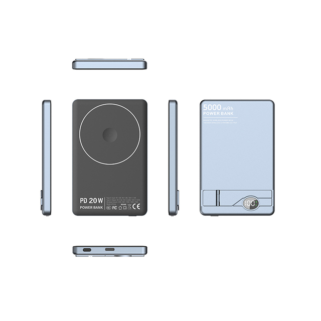 Hot Sale PD20W 5000mAh Wireless Fast Charging Aluminum Alloy LED Display Slim Magnetic Power Bank with Stand