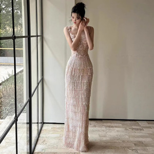 Evening Gown For Women Halter Tassel Natural Waist Spring Flower Banquet Color Coming Of Age Ceremony Dress - Product Image 5