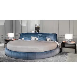 Italian Modern Bedroom Furniture Blue Fabric Circle Beds Love Hotel Kind Size Velvet Luxury Double Round Bed