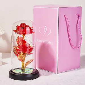 UO Ayah Hadiah Hari Ibu Valentine Kristal Merah Bunga Mawar Galaksi Mawar Dalam Kaca Kubah Bunga Dekoratif dengan Lampu & Kotak Hadiah