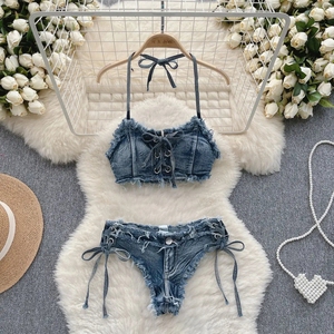 Set di bikini <span class=keywords><strong>da</strong></span> <span class=keywords><strong>donna</strong></span> King Mcgreen Star estivo Sexy Denim con cinturino in Denim gilet e <span class=keywords><strong>pantaloncini</strong></span> a vita bassa costume <span class=keywords><strong>da</strong></span> <span class=keywords><strong>bagno</strong></span> costume <span class=keywords><strong>da</strong></span> <span class=keywords><strong>bagno</strong></span> costumi <span class=keywords><strong>da</strong></span> <span class=keywords><strong>bagno</strong></span> - Product Image 1