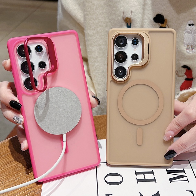 Folding Bracket Camera Frame Kickstand Case for Samsung Galaxy S23 S24 Plus S25 Ultra S24FE Wireless Charging Magnetic Cover