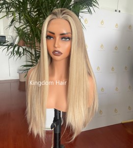 Cuticule alignée cheveux européens <span class=keywords><strong>brune</strong></span> blonde Balayage avec racine cendrée réaliste haut en soie pleine dentelle perruque juive pour l'alopécie - Product Image 1