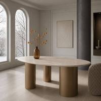 Table à manger ovale moderne personnalisée en marbre travertin naturel, base en piédestal doré de forme organique, mobilier de luxe en pierre, 6 places