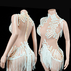 Justaucorps en maille à franges de perles blanches Pearl Couture Regal Swan, couleur ivoire, pour Gala, Diva, Mariage, Showgirl, Performer, Costume de scène - Product Image 2