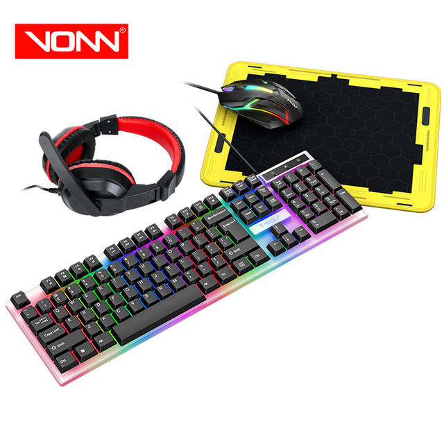T-wolf 4 in 1 TF240 Wired Backlight Gaming Mouse Keyboard Combo Game Headset Earphone Mouse Pad Set for PC Gaming Office