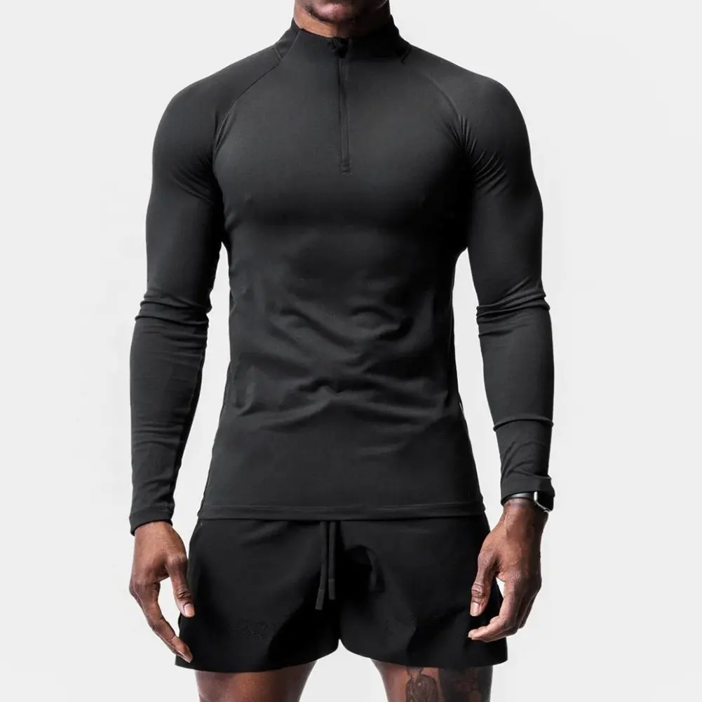 Personnaliser hommes quart de fermeture éclair séchage rapide polyester Spandex blanc à manches longues mince compression musculaire active Fitness sport t-shirts