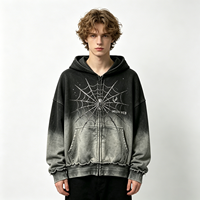Supplier Grosir Hoodie Zip Up Pria Model Distressed Acid Wash dengan Grafis Laba-laba dan Detail Rhinestone serta Raw Hem