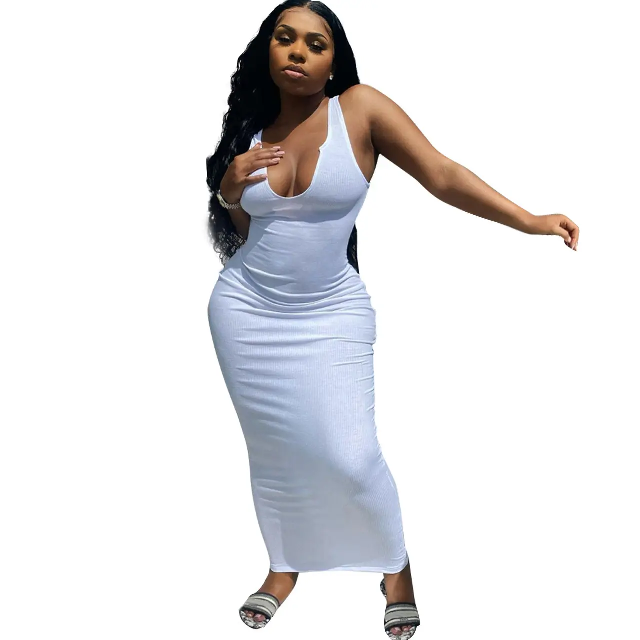 민소매 V-넥 여성 조끼 원피스 탄성 패션 단색 흰색 스키니 Bodycon 긴 드레스 스트리트웨어 캐주얼 원피스
