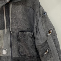 Sweat à capuche zippé pour homme en molleton gris délavé style vintage, avec panneau brodé personnalisé en forme d'œil, coupé et cousu, avec cordon de serrage - Fabricant