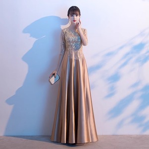 Women's Long Evening Dress Champagne Gold <b>Sequined</b> A-Line Boat Neck Empire Waistline Performance Costume - Product Image 1