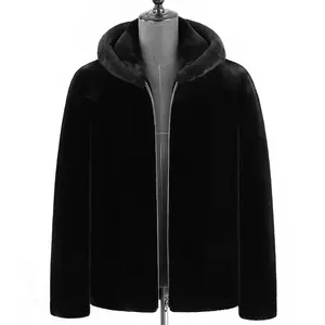 Fashion Solid Color Long Sleeve Winter Hooded Men Mink Fur Coat With Zipper