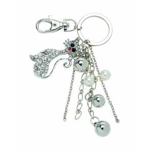 Llavero de cristal con forma de gato, con dijes de perlas y bolas, en tono plateado, para llaves de coche - Product Image 1