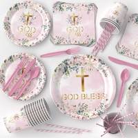 Lot de Fournitures de Fête Personnalisées « Dieu Bénisse » – Assiettes, Gobelets et Serviettes en Papier à Motifs Floraux pour Baptême et Communion