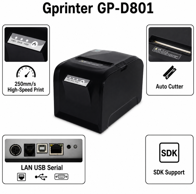 Gprinter GP-D801 80mm Thermal Receipt Printer 250mm/s High Speed Auto Cutter LAN USB Serial POS Cashier Kitchen Restaurant