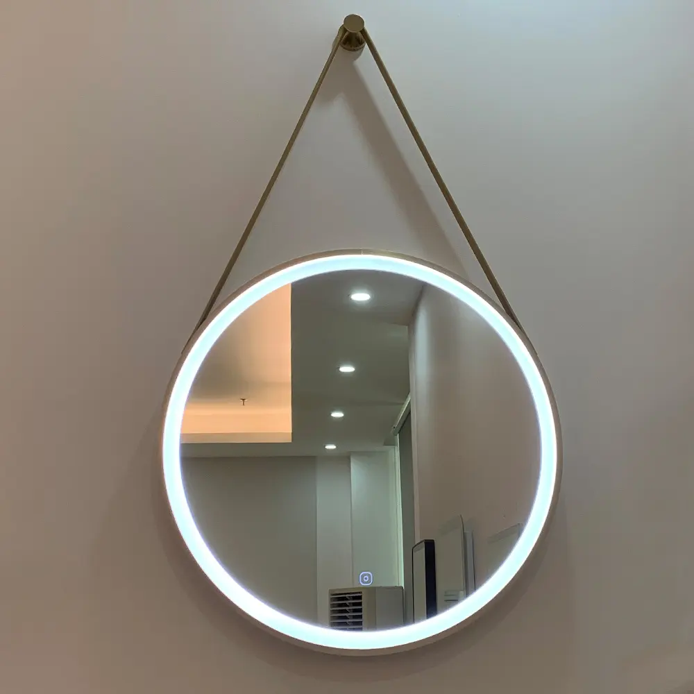 Leather Belt Wall Mirror Round Touch Screen Smart Led Mirror Bathroom