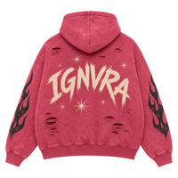 Sweat-shirt à capuche zippé pour homme, délavé à l'acide rouge, avec lettres brodées, motif toile d'araignée, manches effet flamme, trous usés, imprimé étoiles, coupe oversize, style streetwear