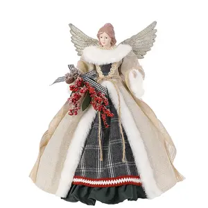 SOTE A50 Retro Country Style 16" Inch Standing Khaki Floral Angel Christmas Tree Topper In Linen Gown