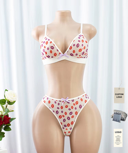 Offre Spéciale – Ensemble Lingerie 2 Pièces Sexy : Soutien-Gorge Transparent Col V Profond et Culotte, Motif Lèvres, Style Babydoll - Product Image 1