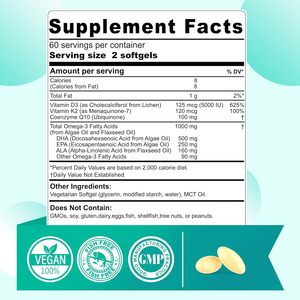 Huile d'algues oméga 3 végétalienne 1000mg en mini-gélules molles avec CoQ10 D3 5000UI K2 120mcg |   <span class=keywords><strong>EPA</strong></span>/DHA/<span class=keywords><strong>ALA</strong></span> d'origine végétale pour la santé globale - Product Image 2