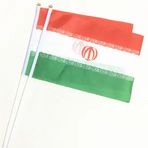 Pilih Dukungan Melambai Logo Kustom Murah Bendera Genggam Iran Tangan dengan Tiang Plastik