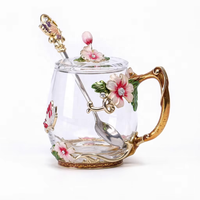 Lot de 2 tasses en verre à motif floral avec poignée en forme de branche, couvercle et cuillère, style émail vintage, pour café et thé, coffret cadeau, vente en gros