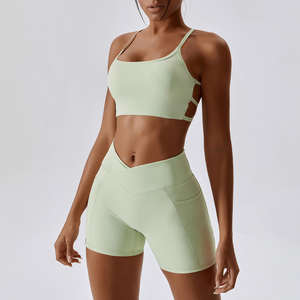 Tenue de sport légère et douce pour femmes, ensemble de Yoga sans couture, coupe en V, dos nu, legging court, pantalon, soutien-gorge - Product Image 3