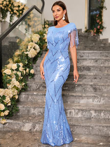 Lüks zarif kat-uzunluk kaporta boyun saçak dekor resmi balo/parti kadın pullu Mermaid abiye V boyun geri - Product Image 5