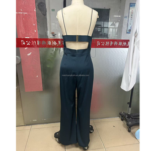 OEM Custom Silk Satin <strong>Jumpsuit</strong> Women Sexy Deep V Neck Spaghetti Strap Wide Leg Rompers Backless High Waist Club <strong>Jumpsuits</strong> - Product Image 5