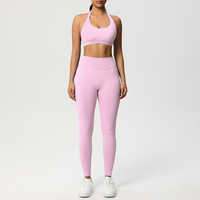 Soutien-gorge de sport de yoga tricoté de couleur unie sans couture transfrontalière costume de fitness avec logo devant suspendu cou beauté dos serré hanche