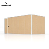 SpaceUnited Modular Office Partition Walls with Wood Grain Panels and Aluminum Frame, Floor to Ceiling Sliding Door for Office