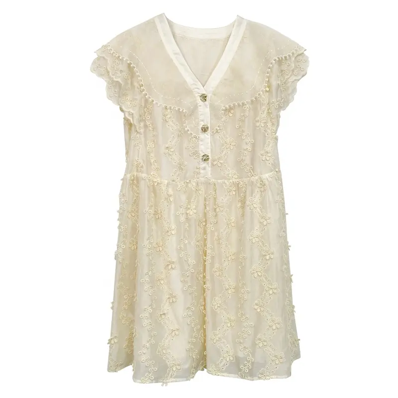 2023 Summer Heart Neck 3D Flower Embroidery Double Layer Short Sleeve Mini Dress Graceful A-line Casual Dress Maternity Dress