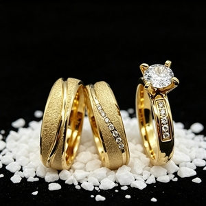 His and Her Matching Wedding <strong>Ring</strong> <strong>Set</strong> 3pcs 18K <strong>Gold</strong> Plated Frosted Couple Engagement Promise <strong>Rings</strong> With Cubic Zirconia - Product Image 4