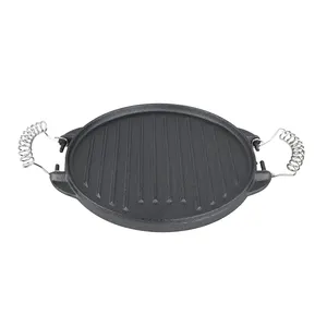 Multifunction 2 In 1 Pre-seasoned Grill Plate Reversible Round Cast Iron Griddle Plate With Removable Cool-Touch Handles